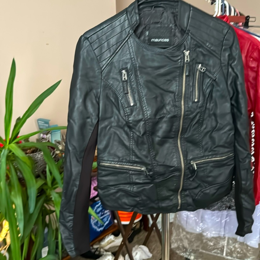 Black faux, leather motorcycle jacket